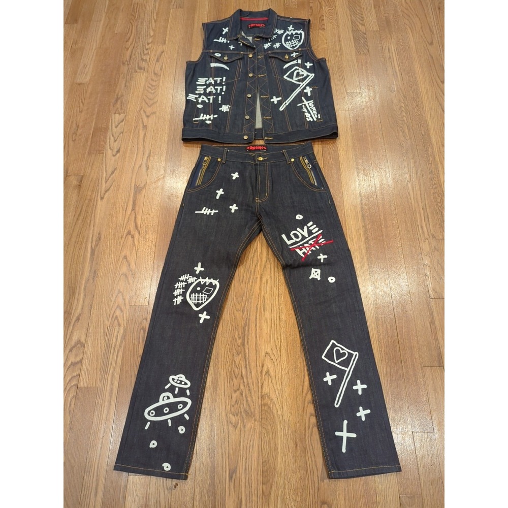 RON BASS GRAFFITI ROCKSTAR DENIM PANTS & CREATIVE SLEEVELESS DENIM JACKET - RARE